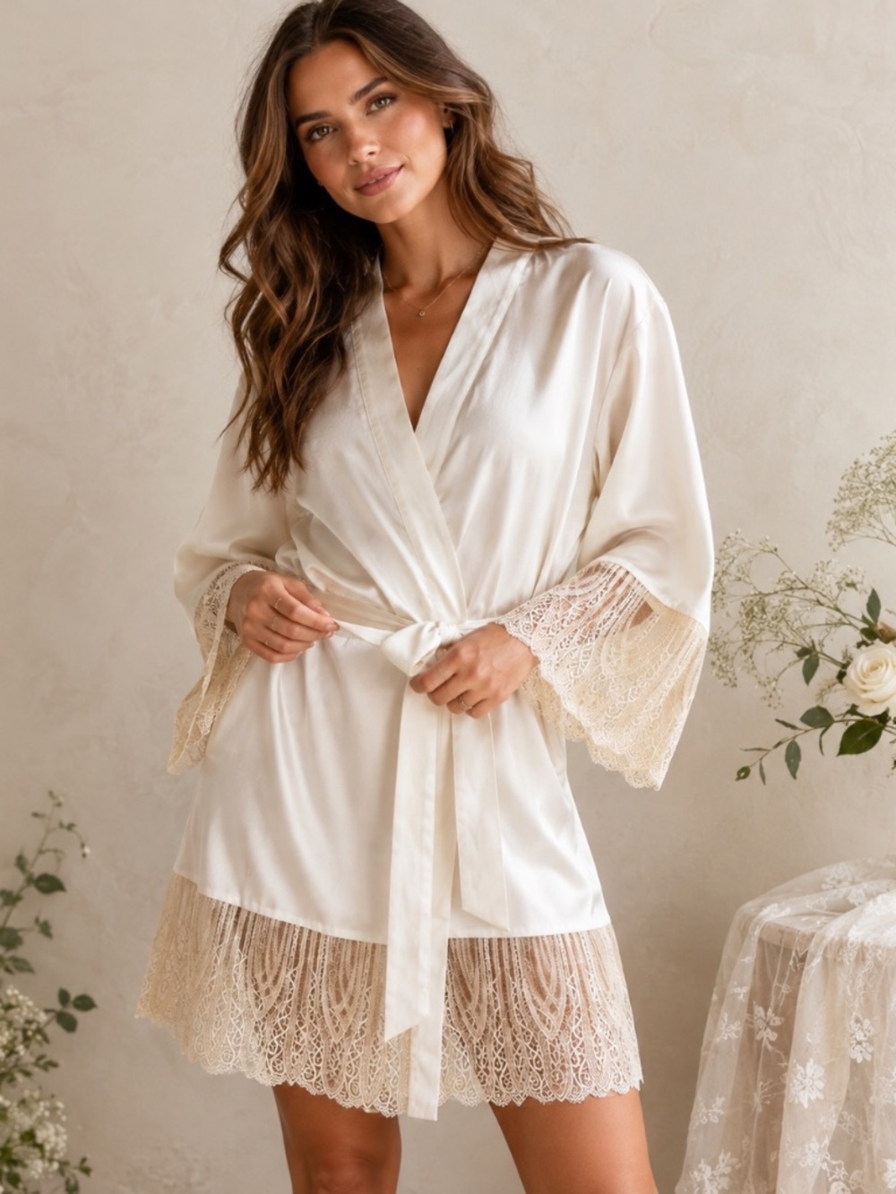 Bridal Romantic Flora Nikrooz Ivory Charmeuse Lace Kimono Robe L